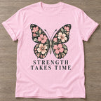Light Pink Bloom Patience T-shirt — floral strength design, for women who train