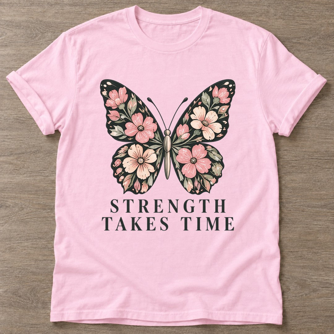 Light Pink Bloom Patience T-shirt — floral strength design, for women who train