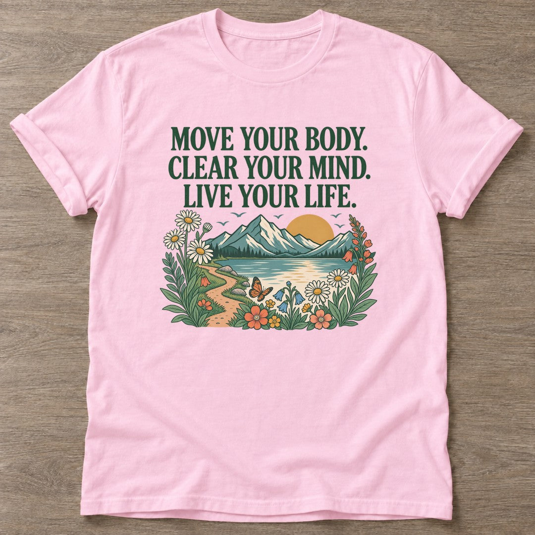Light Pink Motion Brings Clarity T-shirt — everyday workout design, for women who move