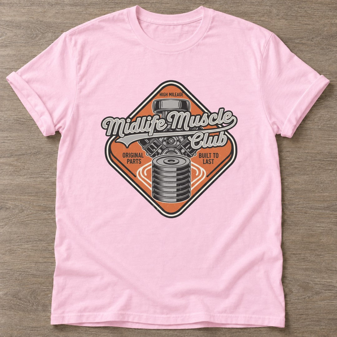Light Pink High Mileage Garage T-shirt — longevity training design, for women over 40