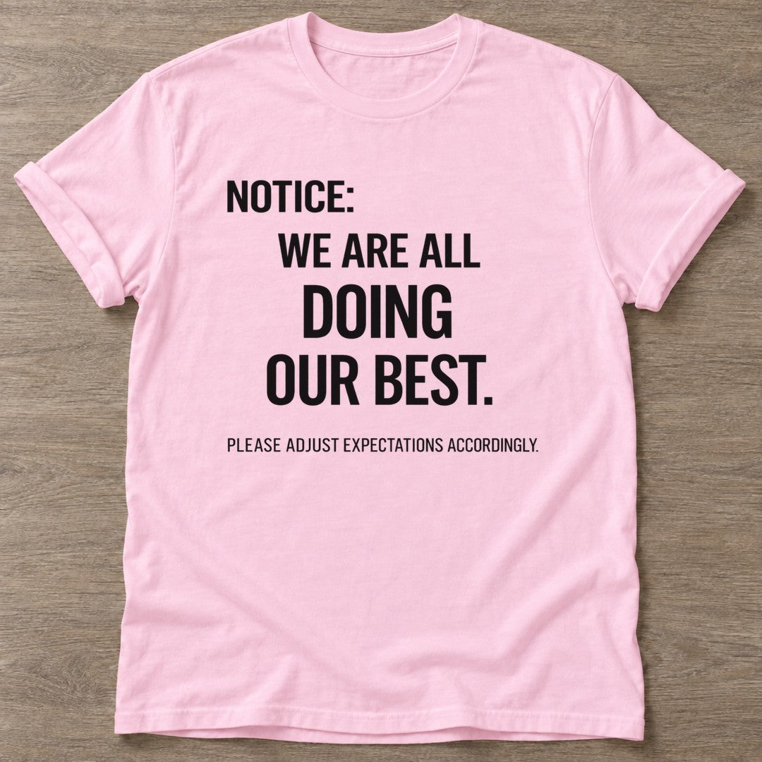 Light Pink Realistic Standards T-shirt — funny gym slogan, for women who train and laugh about it