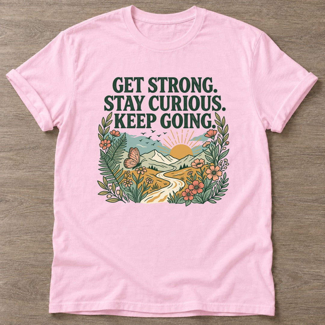 Light Pink Get Strong T-shirt — weightlifting design, for women who lift