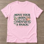 Light Pink Snack Reward T-shirt — funny gym slogan, for women who train and laugh about it