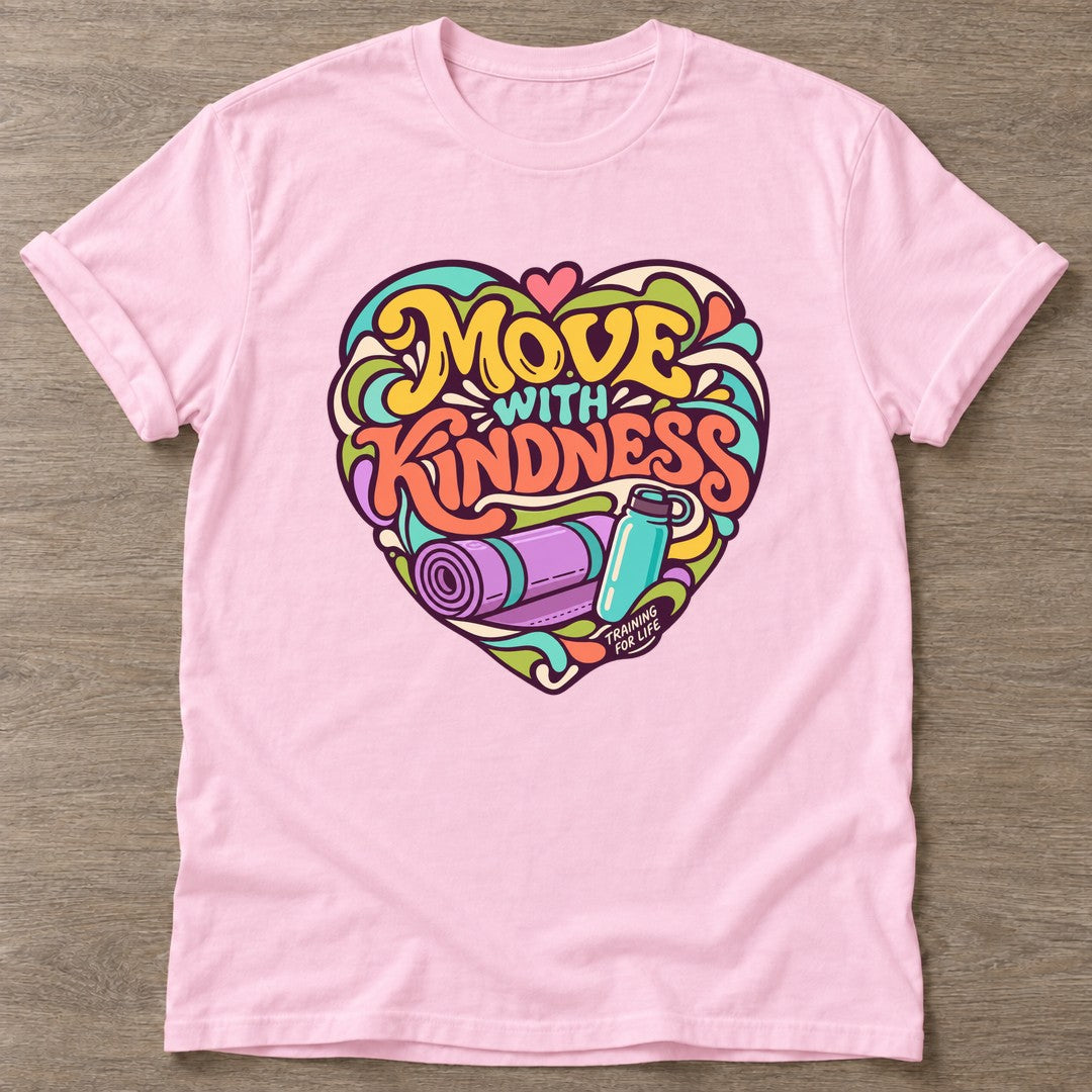 Light Pink Move With Kindness T-shirt — rest and recovery design, for women who train