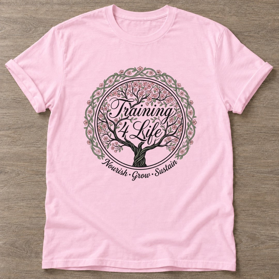 Light Pink Blooming Purpose T-shirt — floral strength design, for women who train