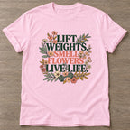 Light Pink Flower Gains T-shirt — floral strength design, for women who train