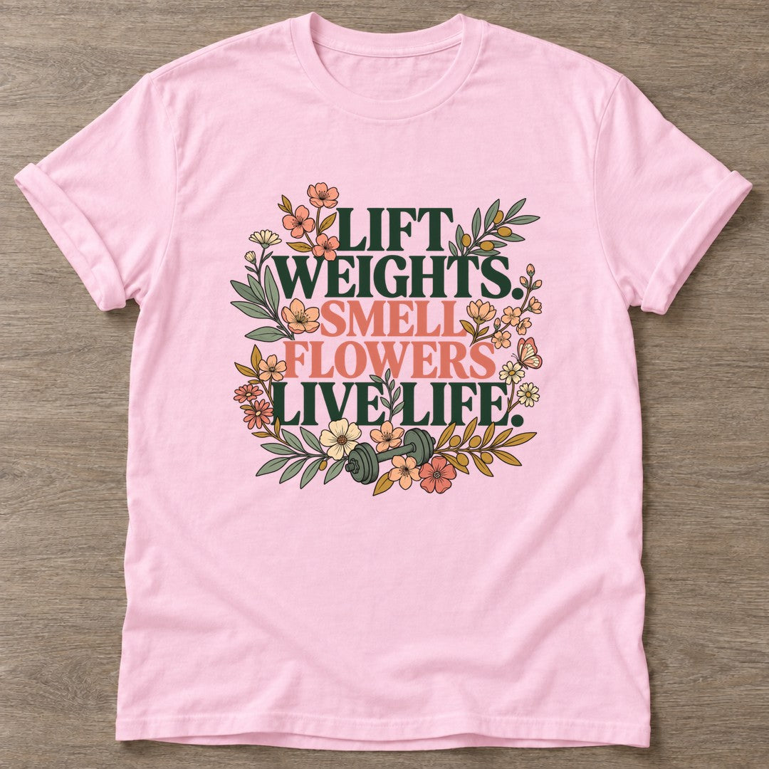 Light Pink Flower Gains T-shirt — floral strength design, for women who train