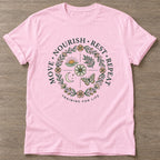 Light Pink Nourish Repeat T-shirt — rest and recovery design, for women who train