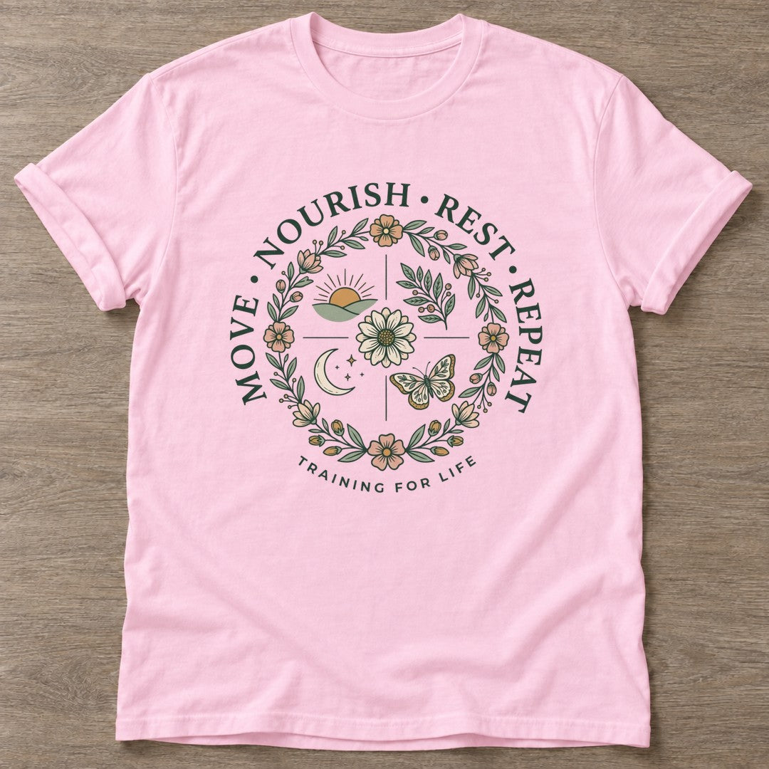 Light Pink Nourish Repeat T-shirt — rest and recovery design, for women who train
