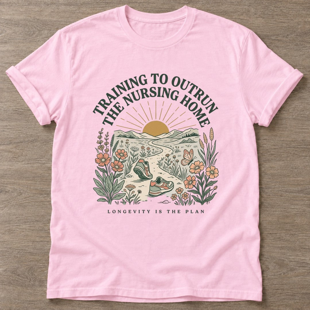 Light Pink Training To Outrun T-shirt — running design, for women who run