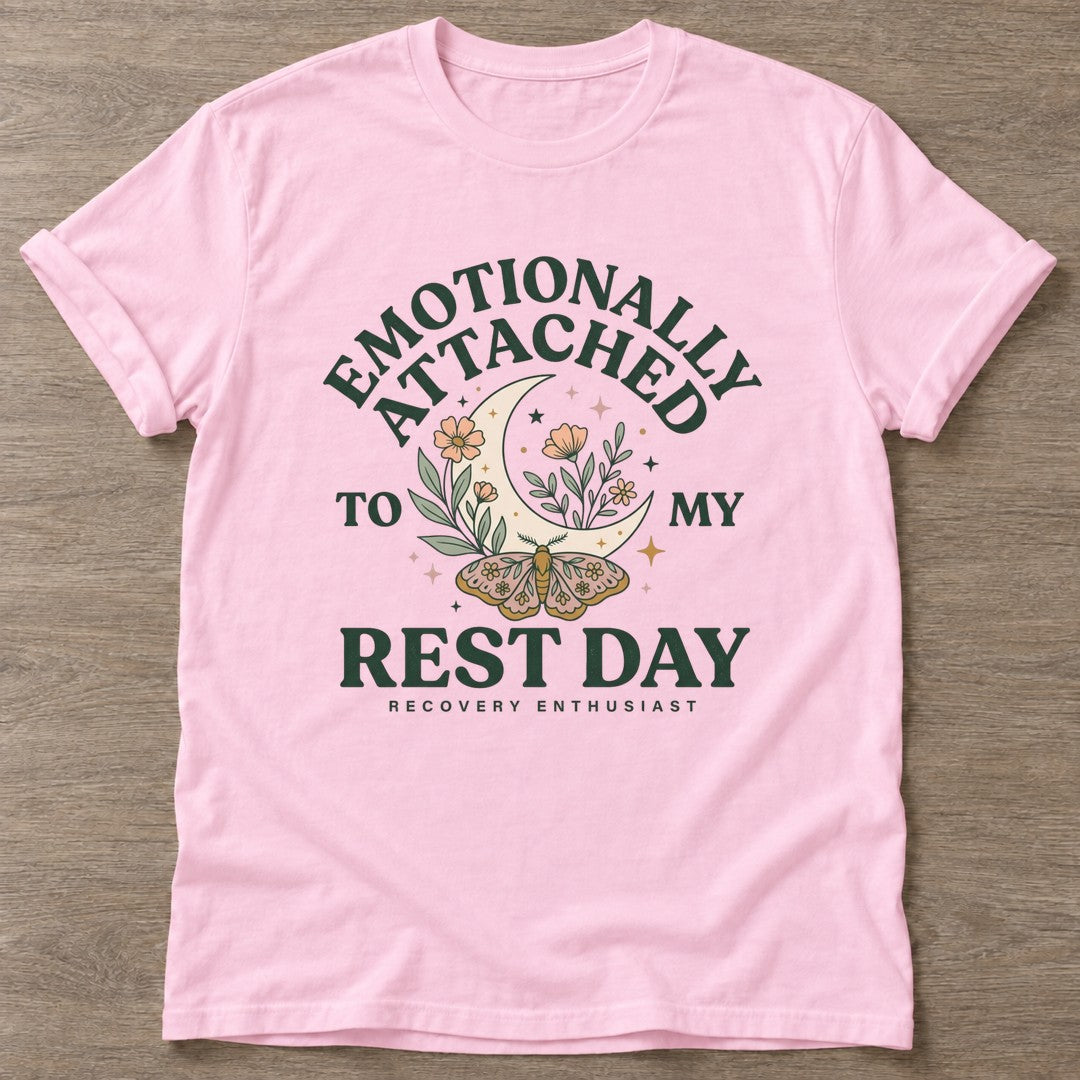 Light Pink Moth Moon Mood T-shirt — rest and recovery design, for women who train
