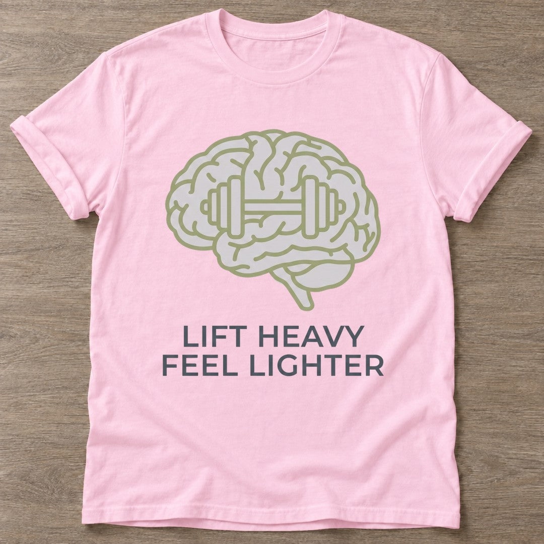 Light Pink Mind Over Matter T-shirt — motivational slogan design, for women who train