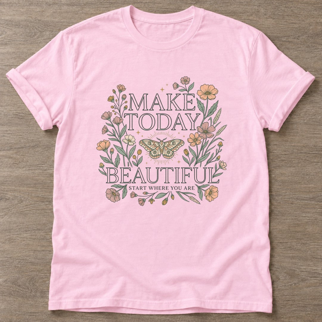 Light Pink Beautiful Starts Now T-shirt — motivational slogan design, for women who train