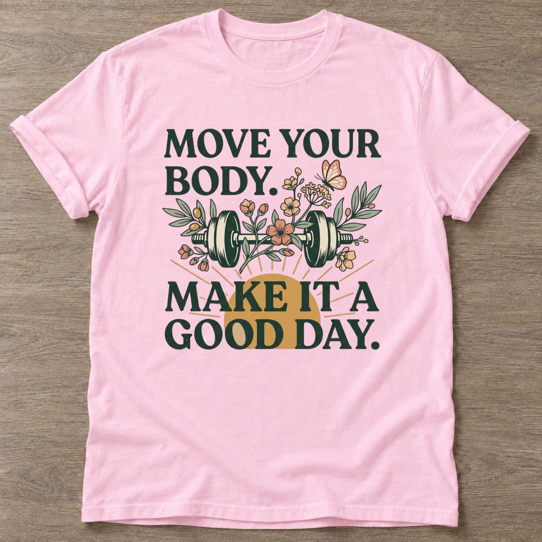 Light Pink Dumbbell Bloom T-shirt — floral strength design, for women who train