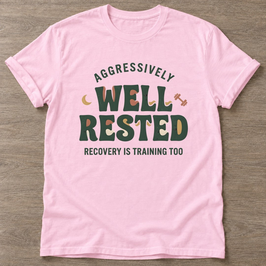 Light Pink Well Rested Mindset T-shirt — rest and recovery design, for women who train