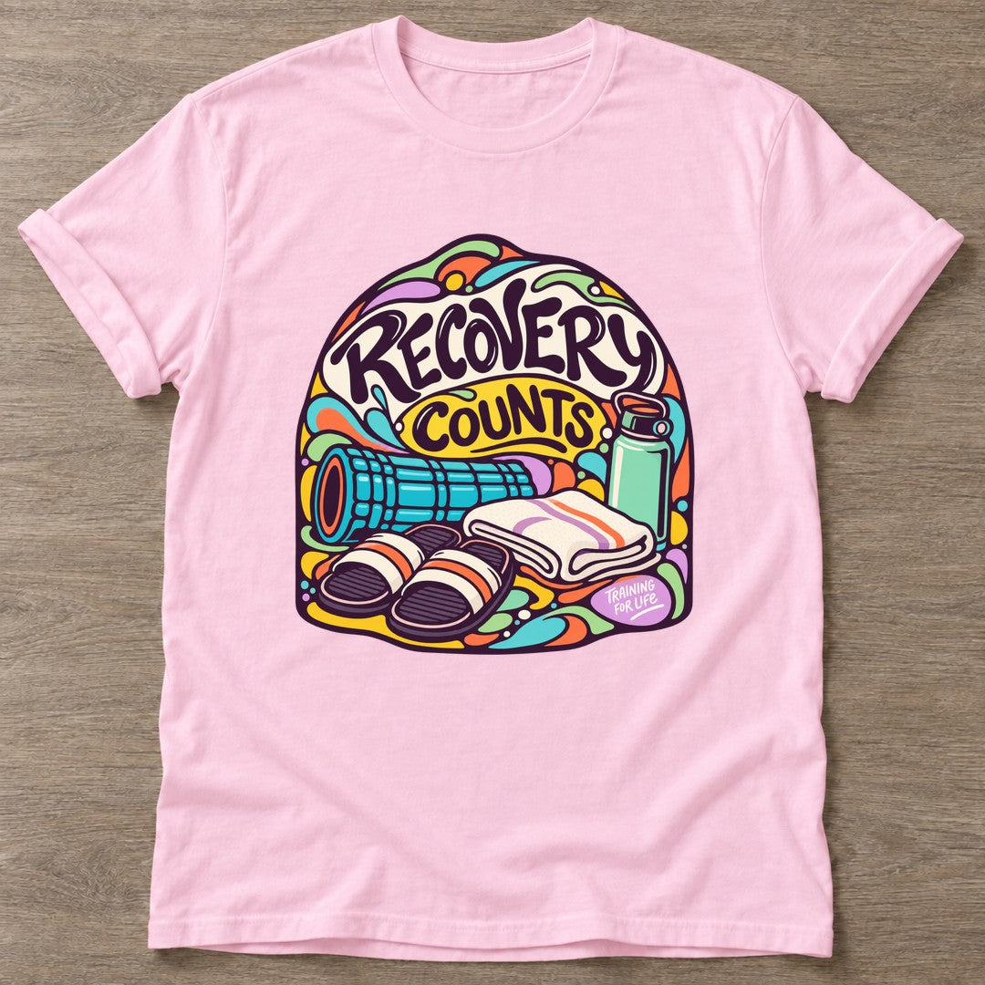Light Pink Recovery Counts T-shirt — rest and recovery design, for women who train