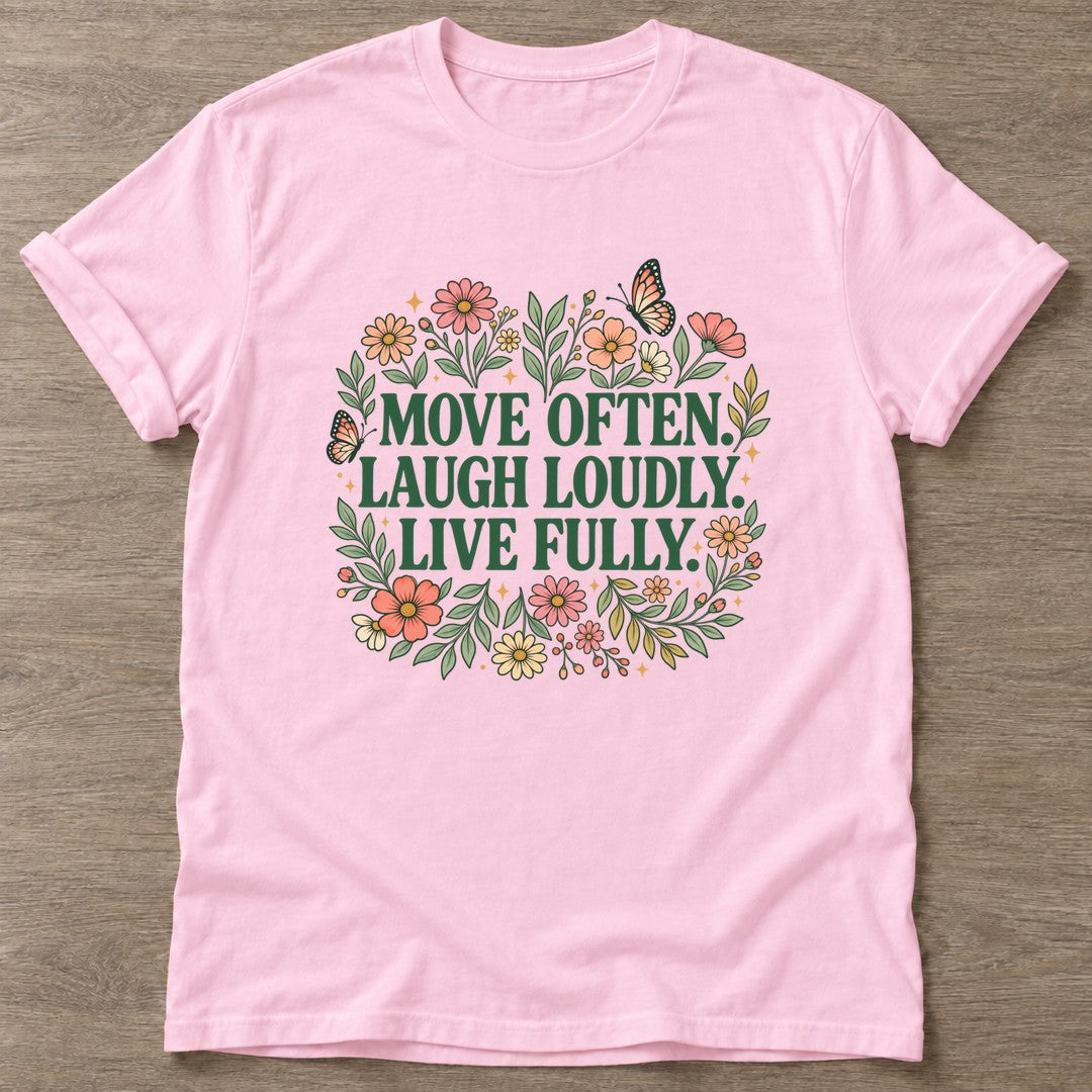 Light Pink Bloom In Motion T-shirt — floral strength design, for women who train