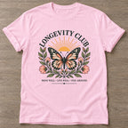 Light Pink Butterfly Longevity T-shirt — longevity training design, for women over 40