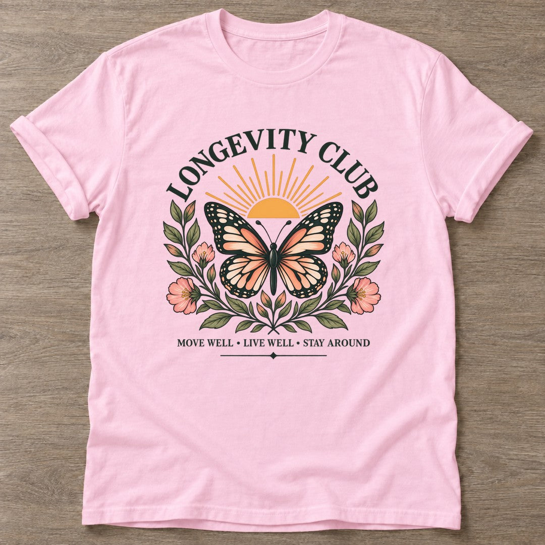 Light Pink Butterfly Longevity T-shirt — longevity training design, for women over 40