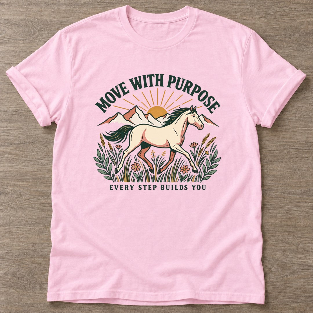 Light Pink Purpose Rider T-shirt — motivational slogan design, for women who train