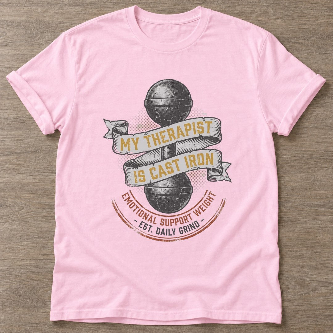 Light Pink Cast Iron Therapy T-shirt — weightlifting design, for women who lift