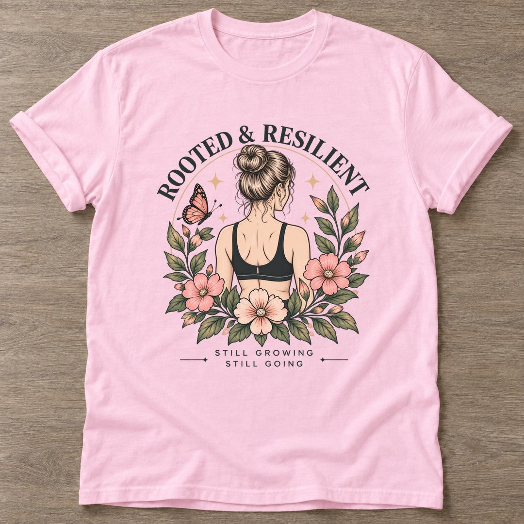 Light Pink Bloom Unshaken T-shirt — floral strength design, for women who train