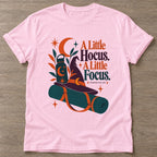 Light Pink Hocus Focus T-shirt — funny gym slogan, for women who train and laugh about it