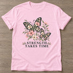 Light Pink Strength Takes Time T-shirt — longevity training design, for women over 40