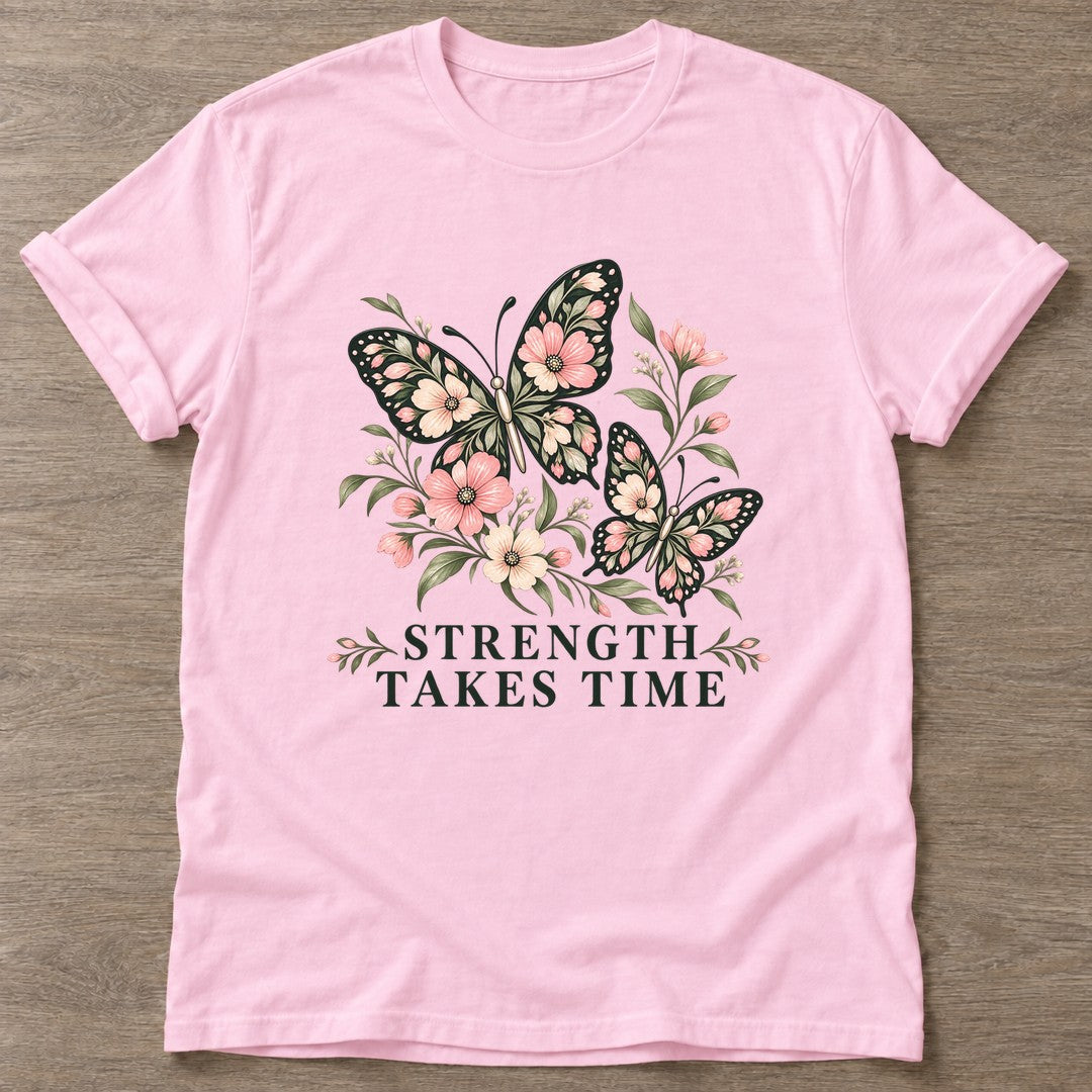 Light Pink Strength Takes Time T-shirt — longevity training design, for women over 40