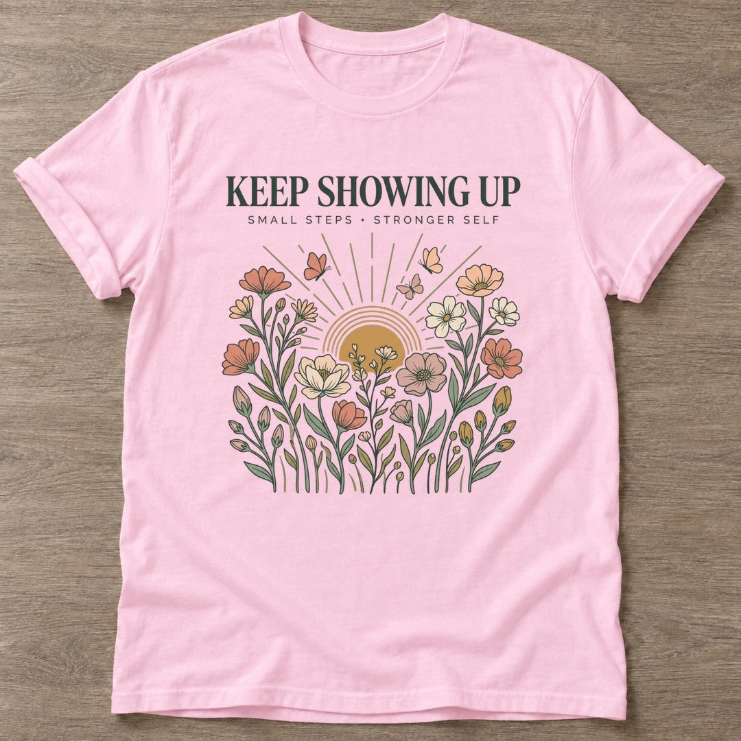 Light Pink Small Steps Strong T-shirt — motivational slogan design, for women who train