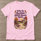 Light Pink Scenic Spooky Route T-shirt — walking club design, for women who walk