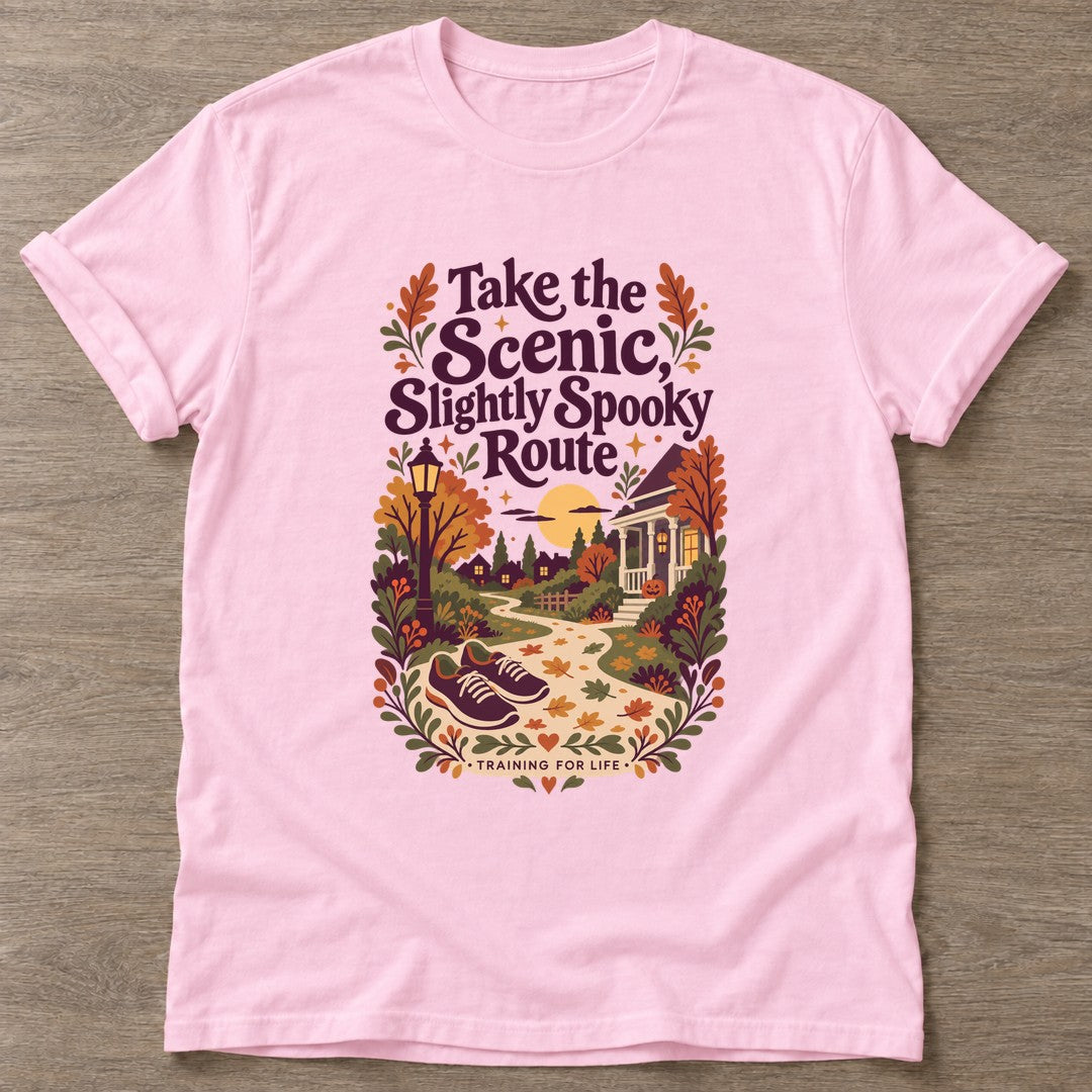 Light Pink Scenic Spooky Route T-shirt — walking club design, for women who walk