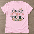 Light Pink Gym And Bloom T-shirt — floral strength design, for women who train