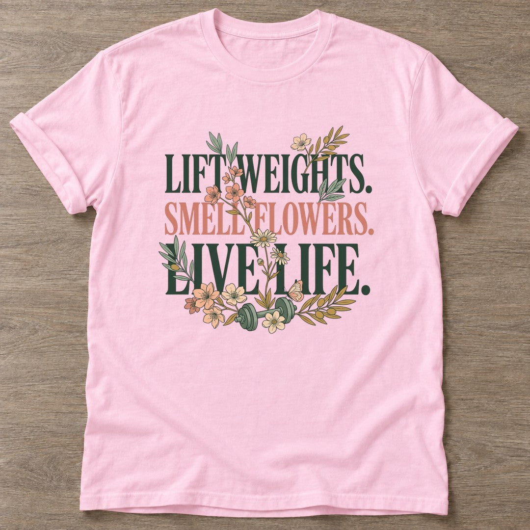 Light Pink Gym And Bloom T-shirt — floral strength design, for women who train