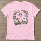 Light Pink Patience Over Perfection T-shirt — growth mindset design, for women building a habit