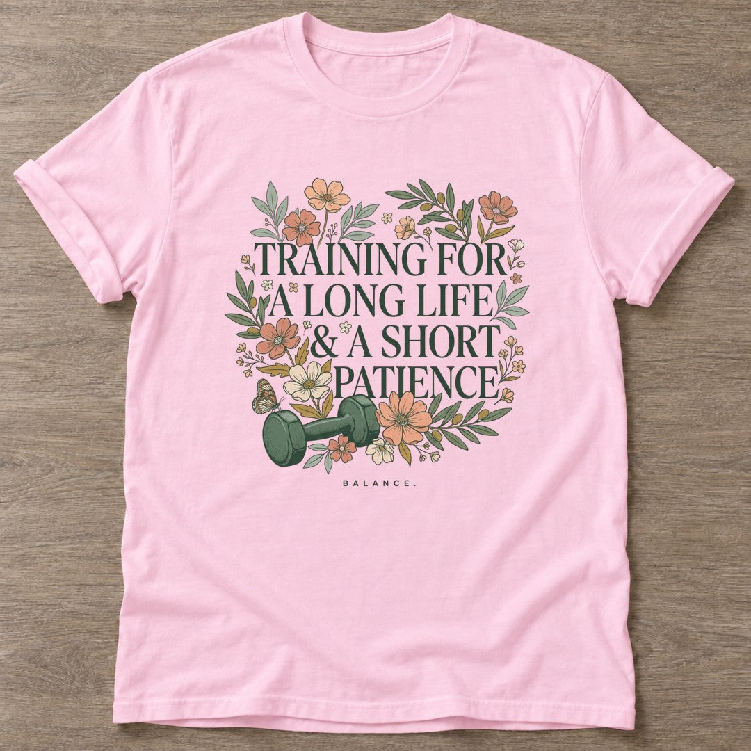 Light Pink Patience Over Perfection T-shirt — growth mindset design, for women building a habit