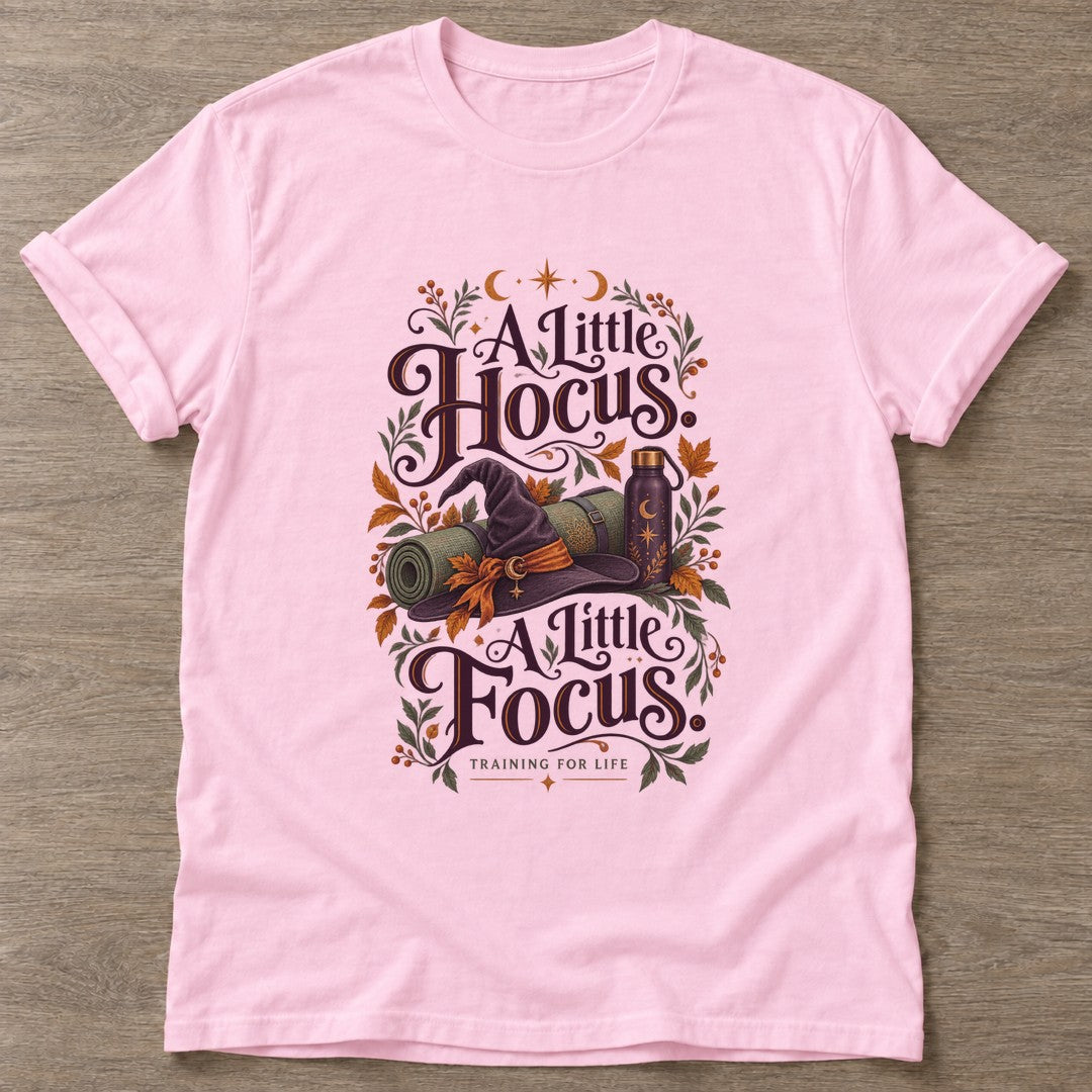 Light Pink Witchy Focus T-shirt — funny gym slogan, for women who train and laugh about it
