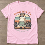 Light Pink Lifting Raccoon T-shirt — funny gym slogan, for women who train and laugh about it
