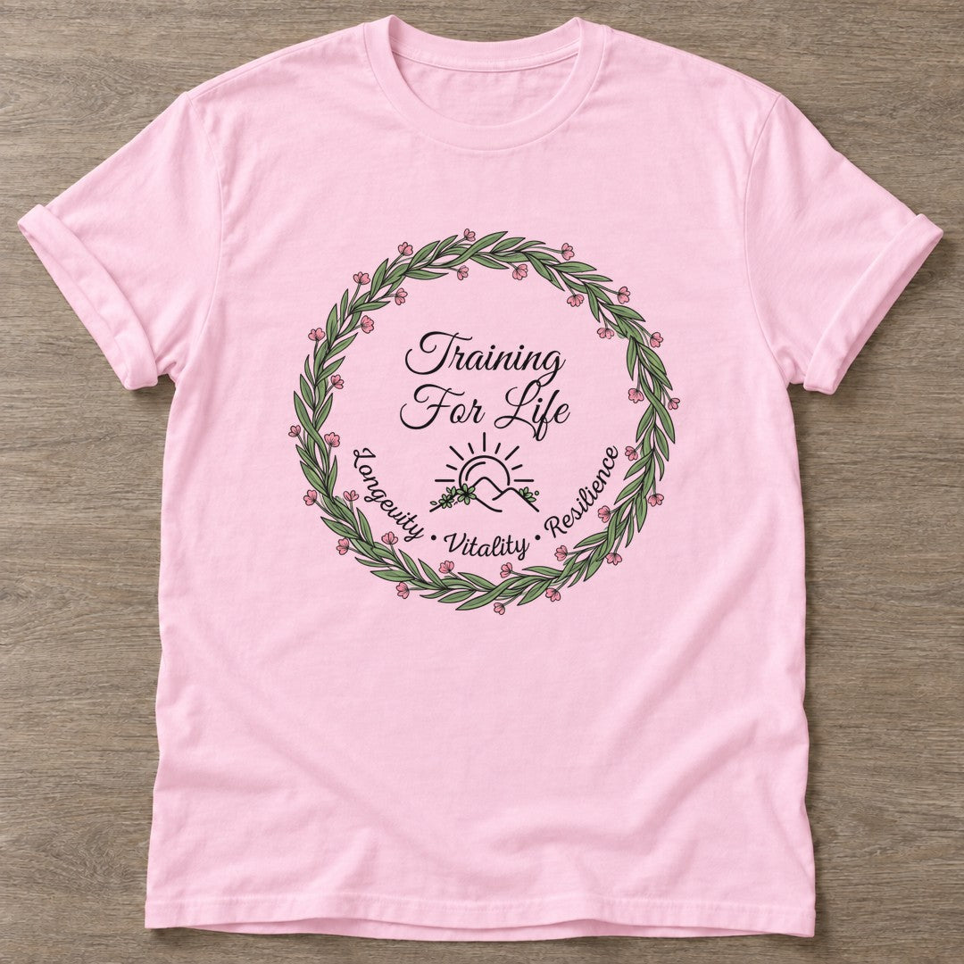 Light Pink Longevity Vitality T-shirt — longevity training design, for women over 40