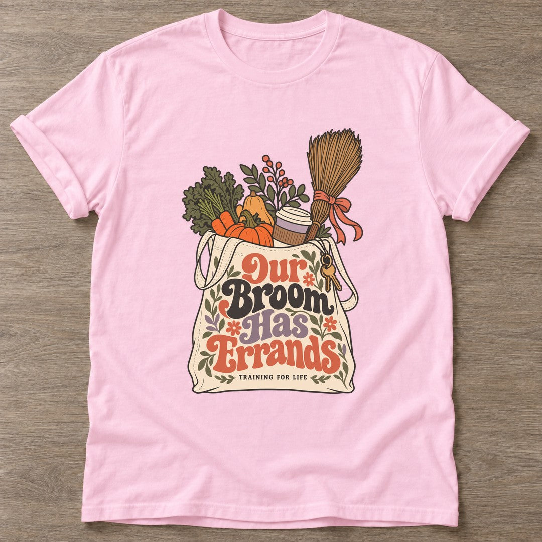 Light Pink Broomstick Vibes T-shirt — funny gym slogan, for women who train and laugh about it