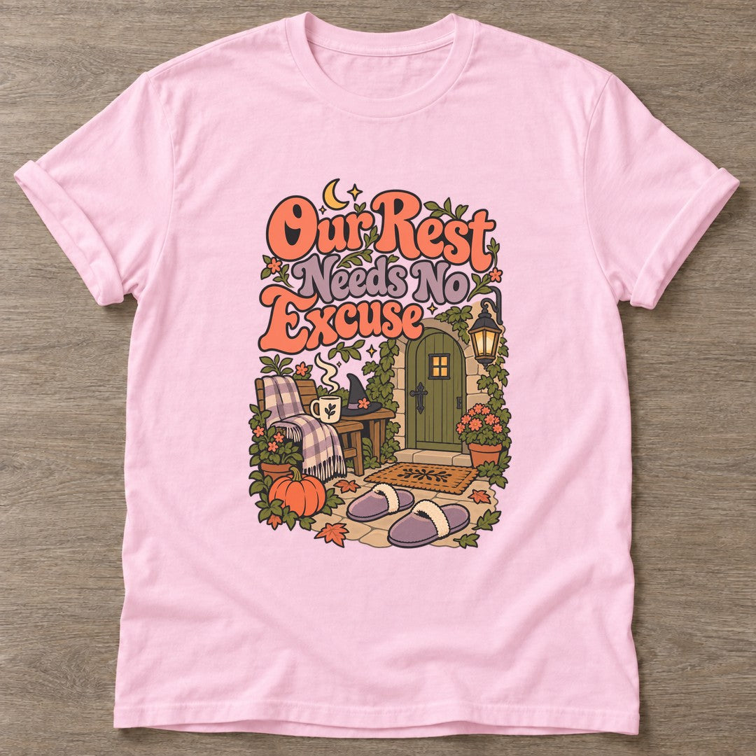 Light Pink Rest Without Apology T-shirt — rest and recovery design, for women who train
