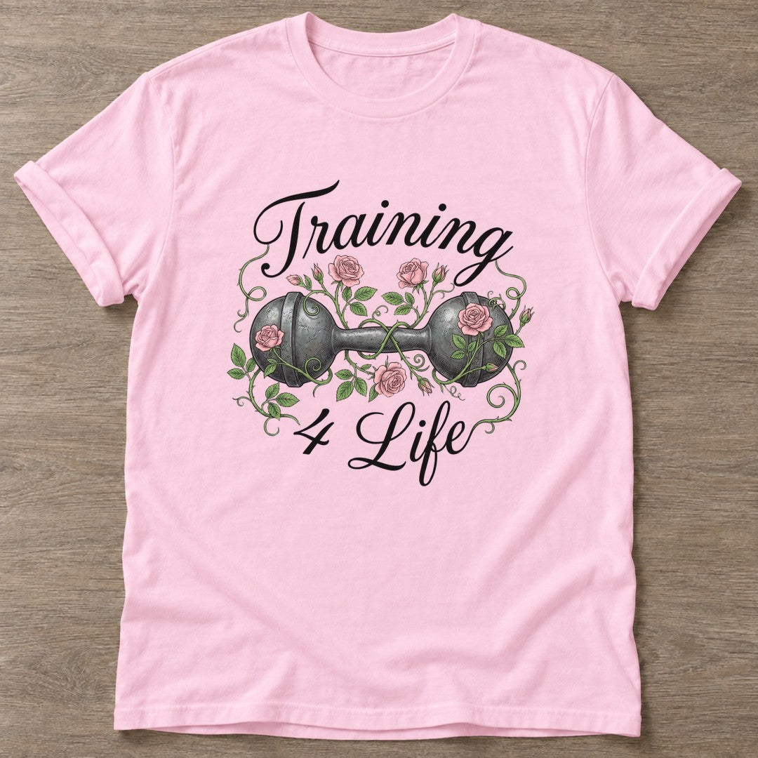 Light Pink Iron Rose T-shirt — floral strength design, for women who train