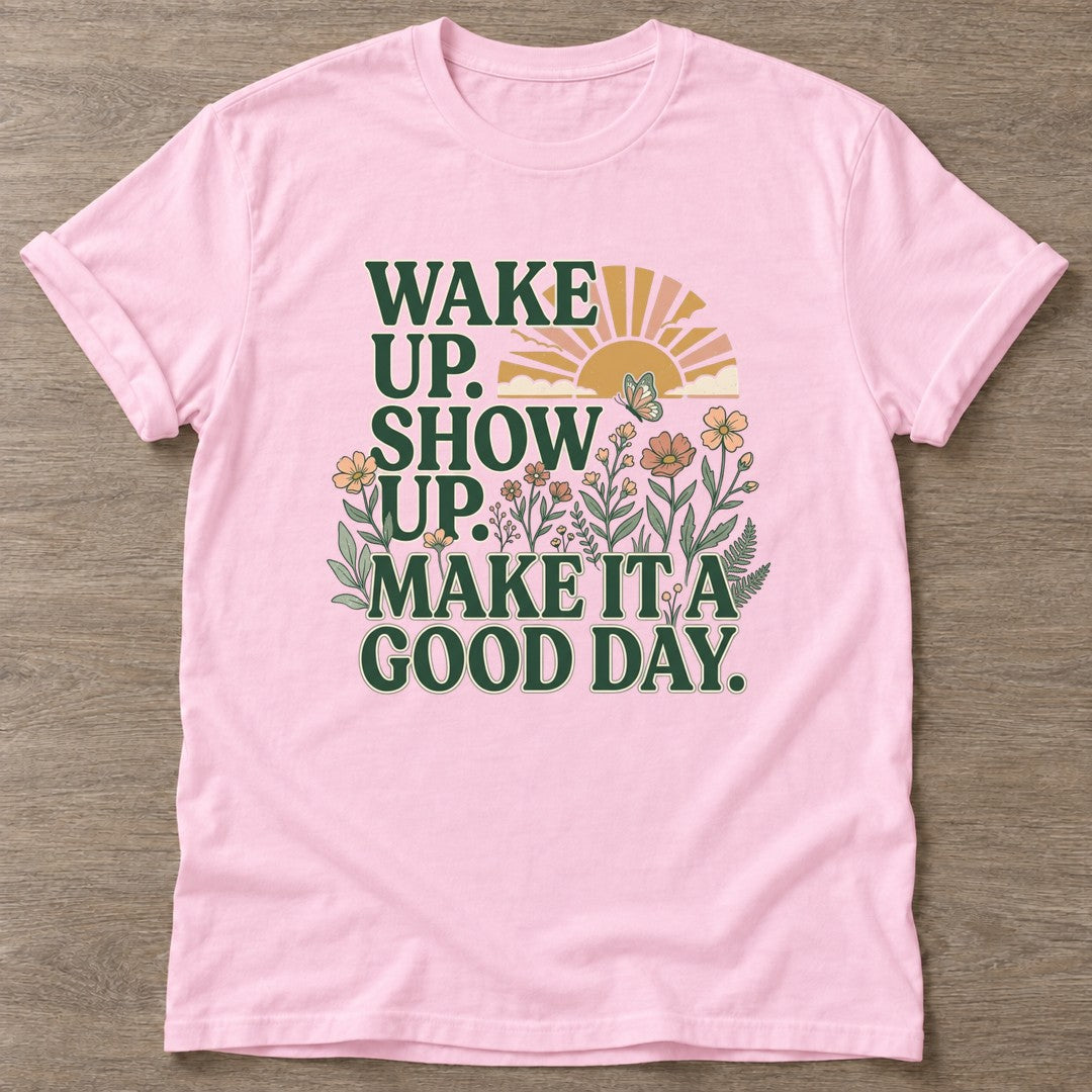 Light Pink Good Day Mentality T-shirt — motivational slogan design, for women who train