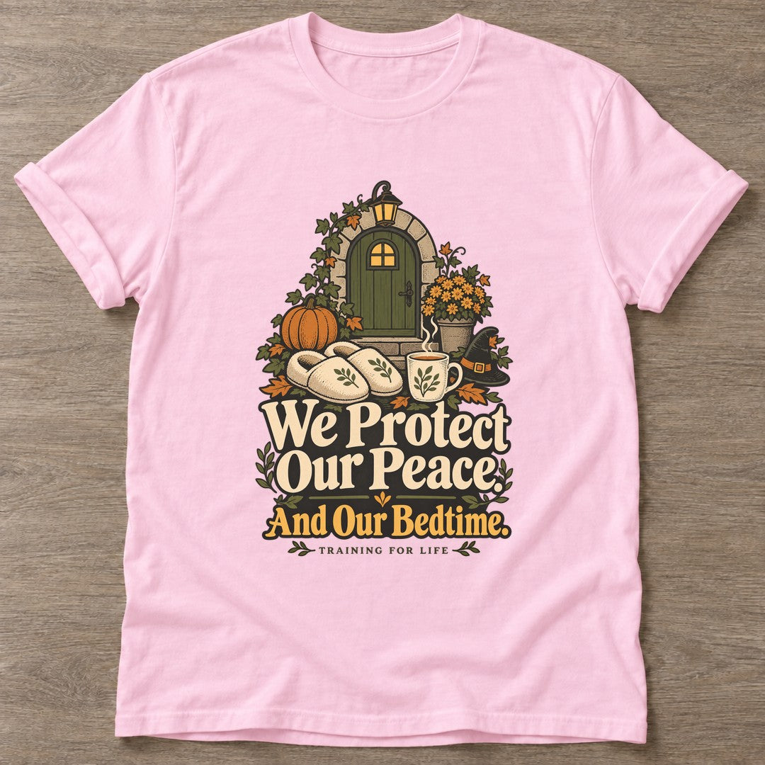 Light Pink Peace And Bedtime T-shirt — rest and recovery design, for women who train