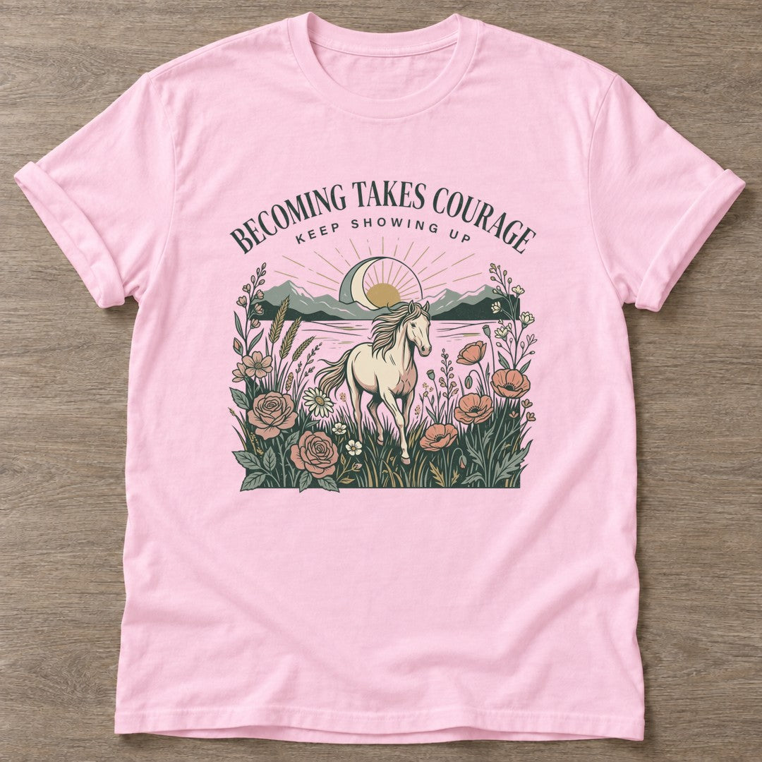 Light Pink Courage In Motion T-shirt — motivational slogan design, for women who train