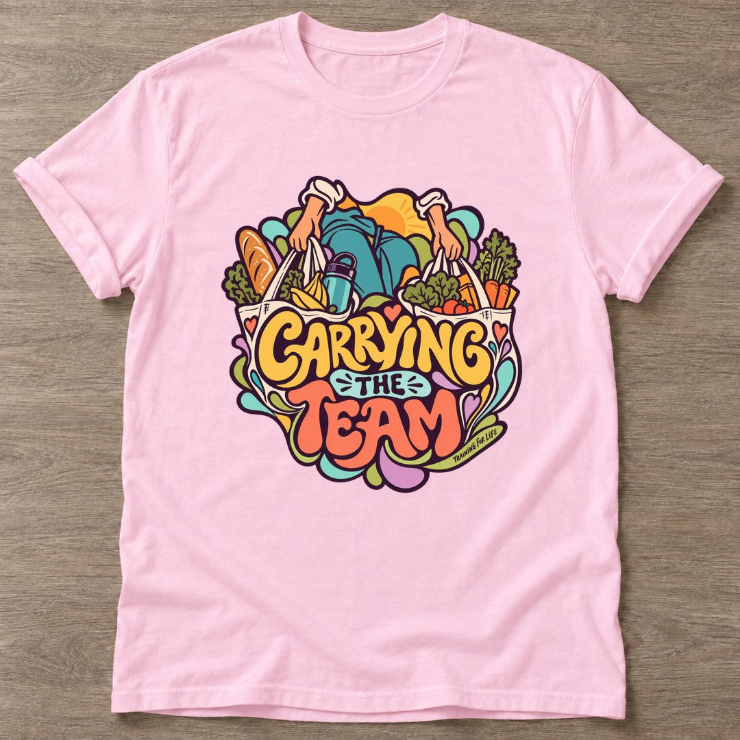 Light Pink Carrying The Team T-shirt — funny gym slogan, for women who train and laugh about it