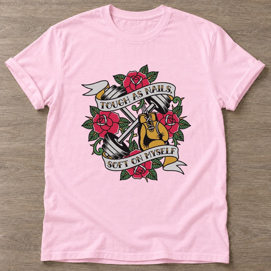 Light Pink Soft On Myself T-shirt — rest and recovery design, for women who train