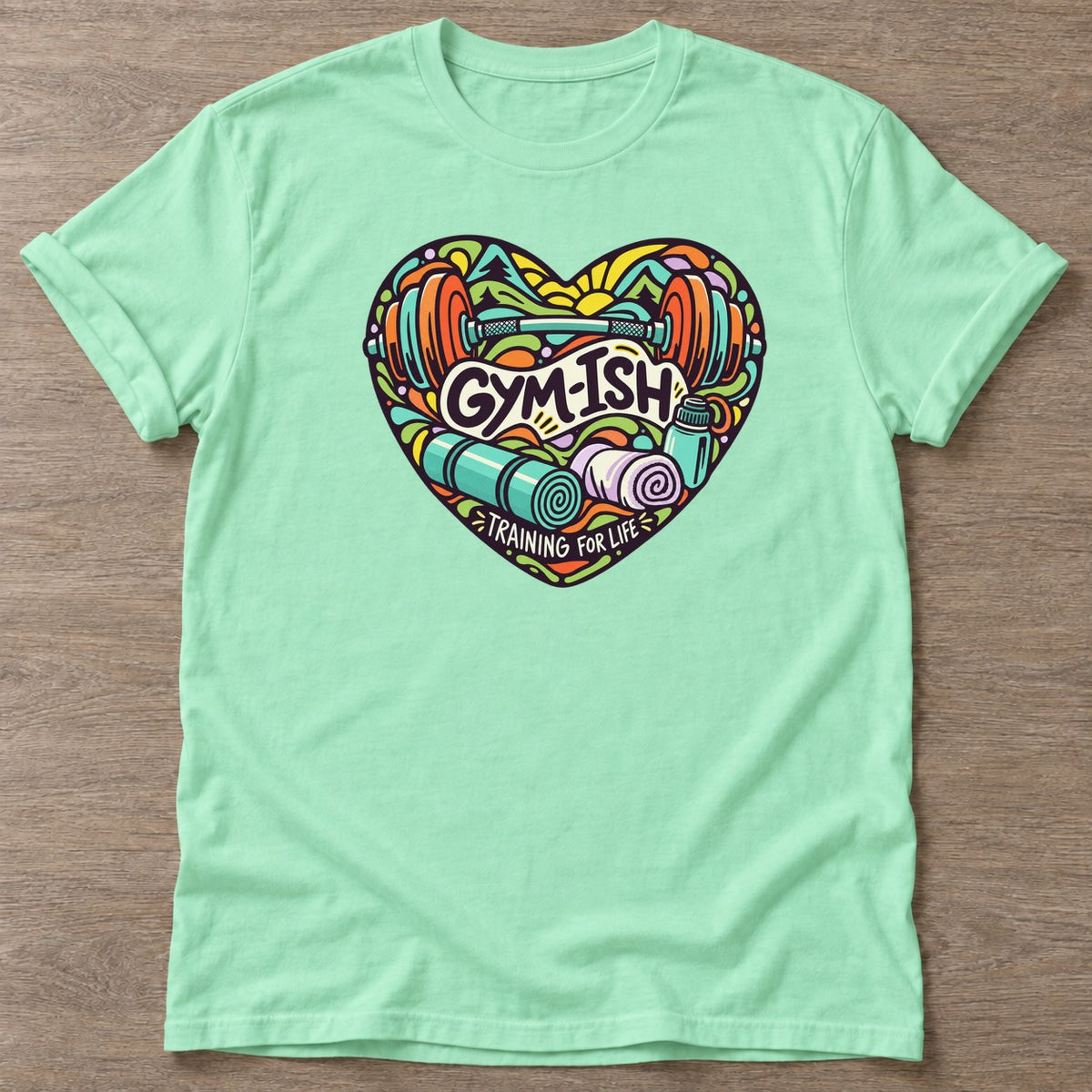 Mint Green Gym-ish Heart T-shirt — funny gym slogan, for women who train and laugh about it