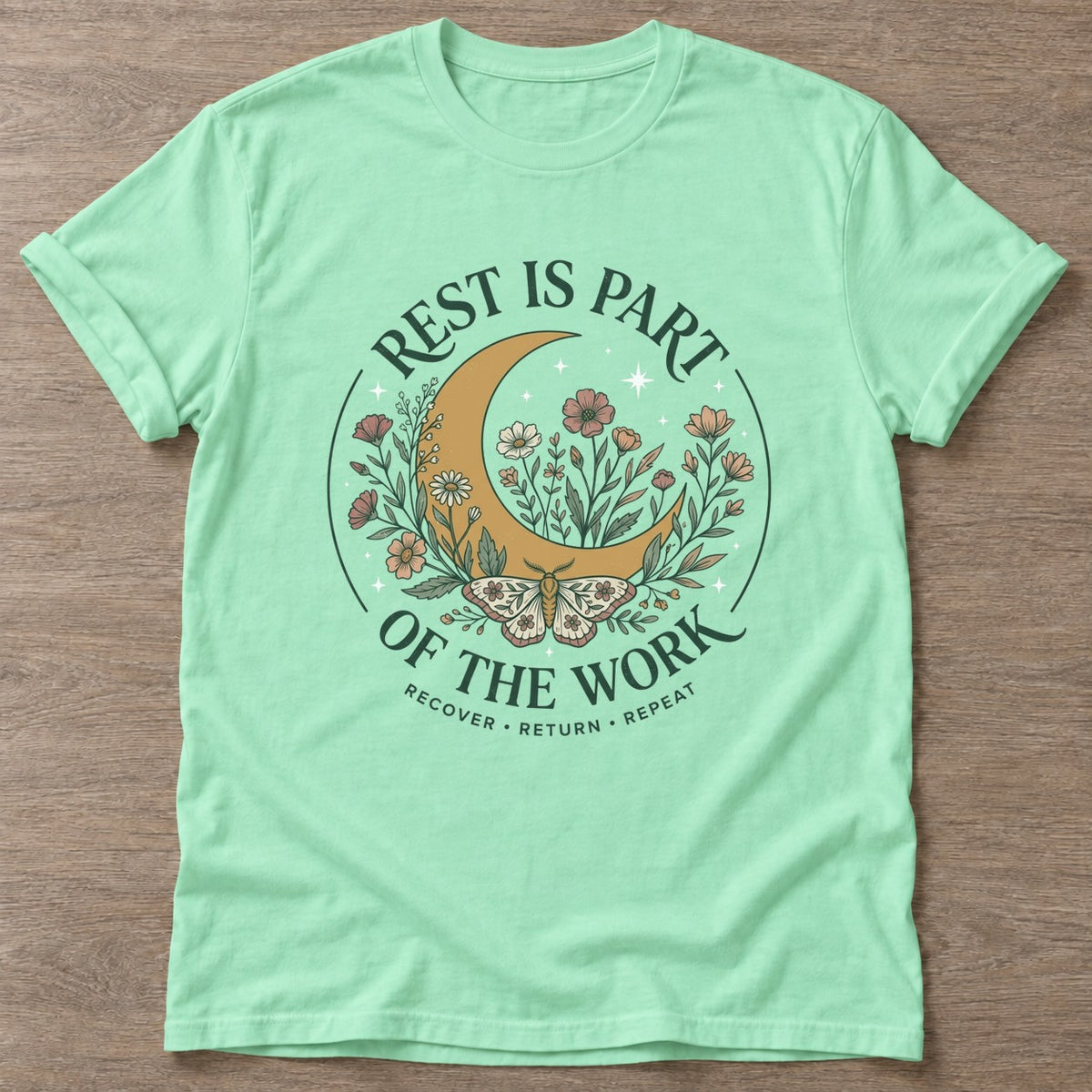Mint Green Moonlight Recovery T-shirt — rest and recovery design, for women who train