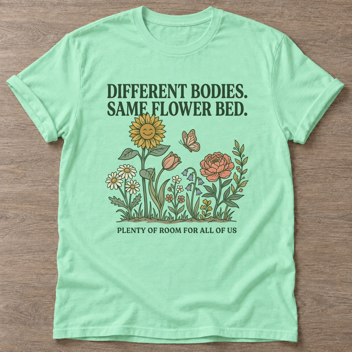 Mint Green Different Bodies T-shirt — body positive design, for every body in the gym